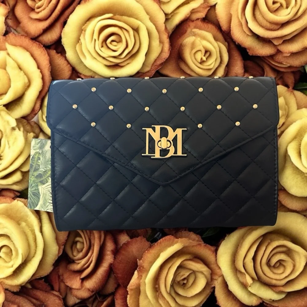 Badgley Mischka Black Diamond Quilted Convertible Crossbody Wallet Built-In NWT